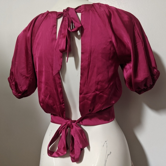 2/$25 Magenta Pink Satin Puff Sleeve Cropped Blouse Ribbon Tie Open Back - Picture 3 of 5